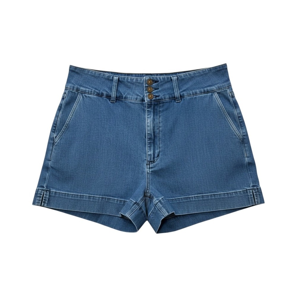 PAIGE Dani Three Button Denim Shorts Finished Hem Medium Wash Blue Size 31